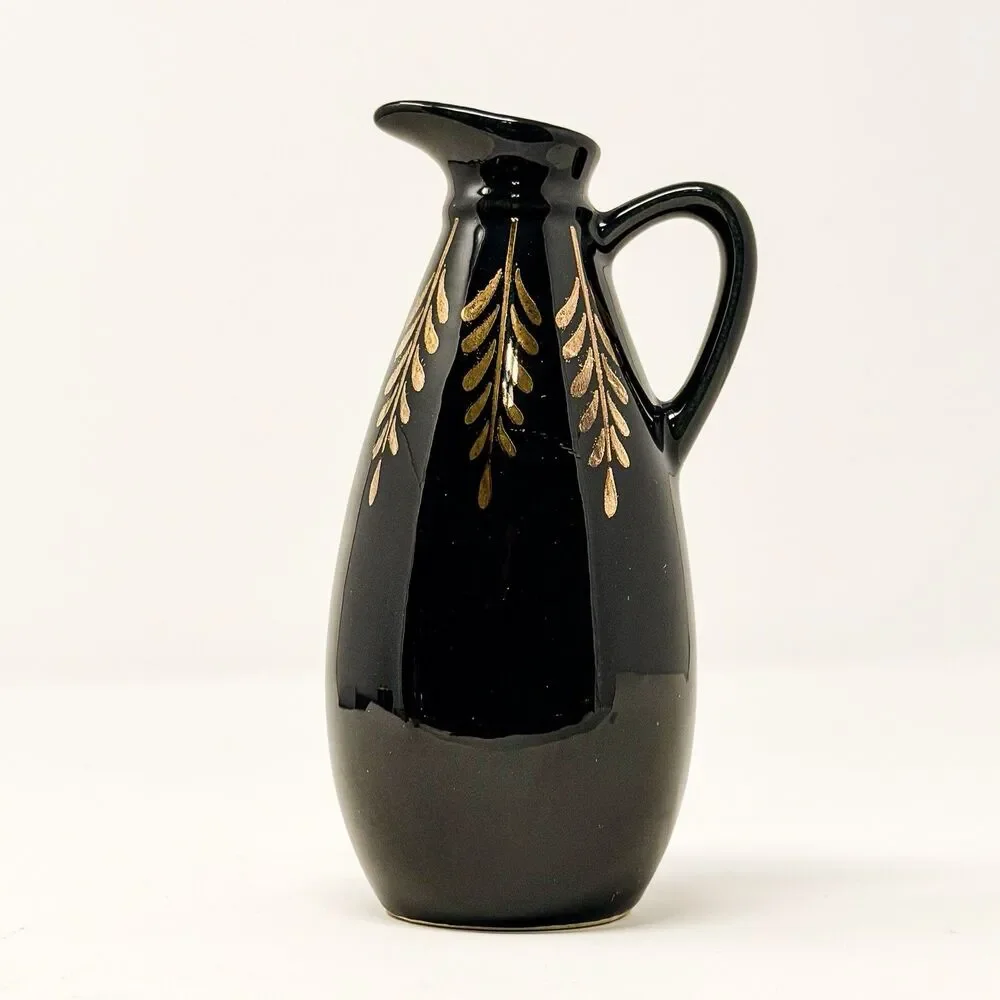Vintage Black Pottery Pitcher 22K Gold Hand Decorated Cobbs Florida USA 6”